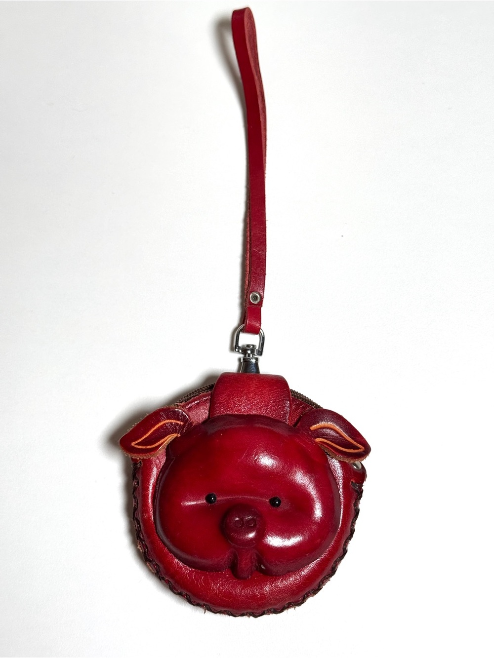 Genuine Leather Pig Coin Purse Red Zip Around Keychain Wristlet
